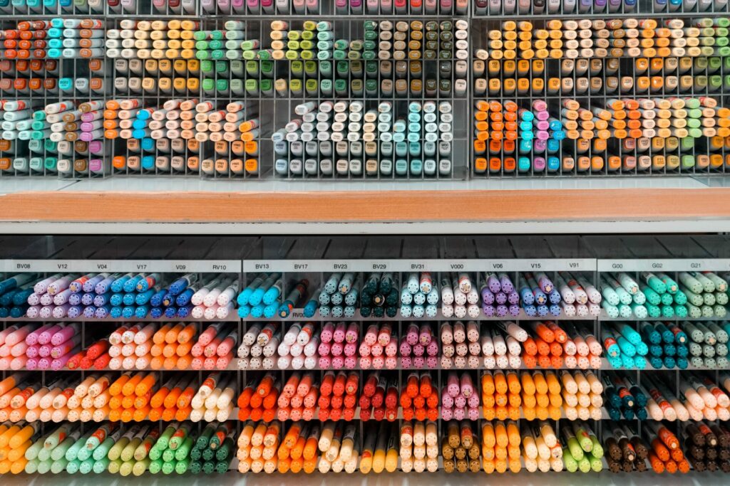 display of colored markers in a store
